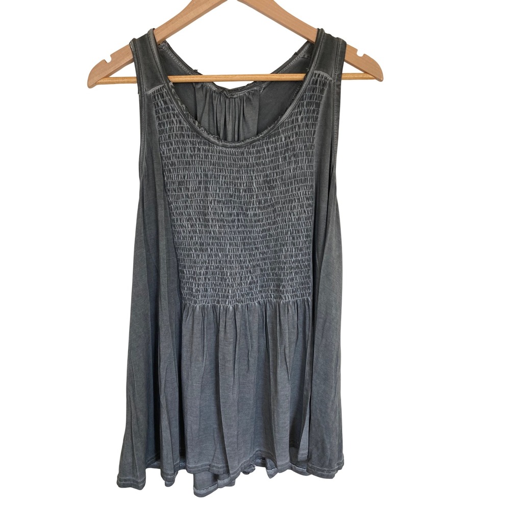 POL Charcoal Gray Smocked Front Lace Up Back Tank Top Womens M Boho Goth